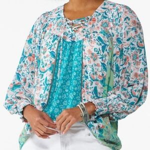 Cato Floral Lace-Up Blouse - Blue and Orange